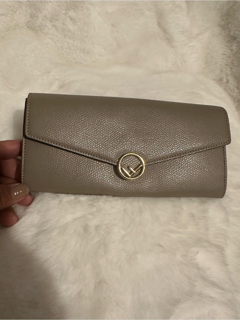 Fendi Taupe Leather Envelope Wallet with Gold Logo Clasp